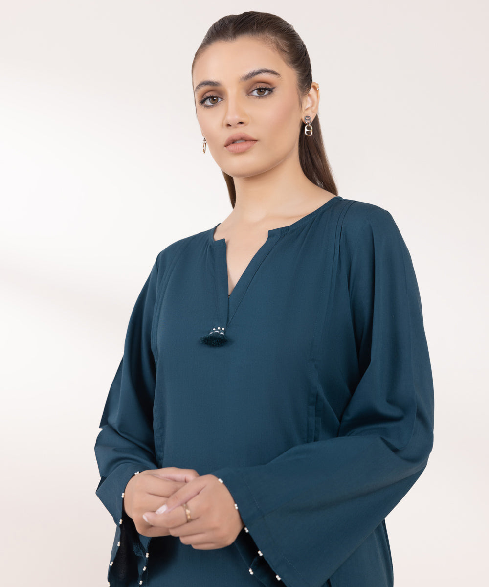 Women's Pret Cotton Viscose Solid Blue Straight Shirt