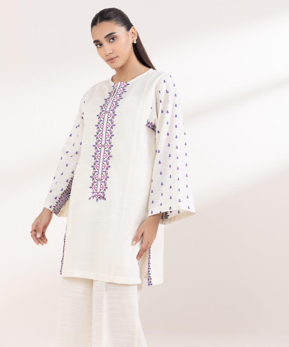 Women's Pret Light Khaddar Embroidered Off White Boxy Shirt