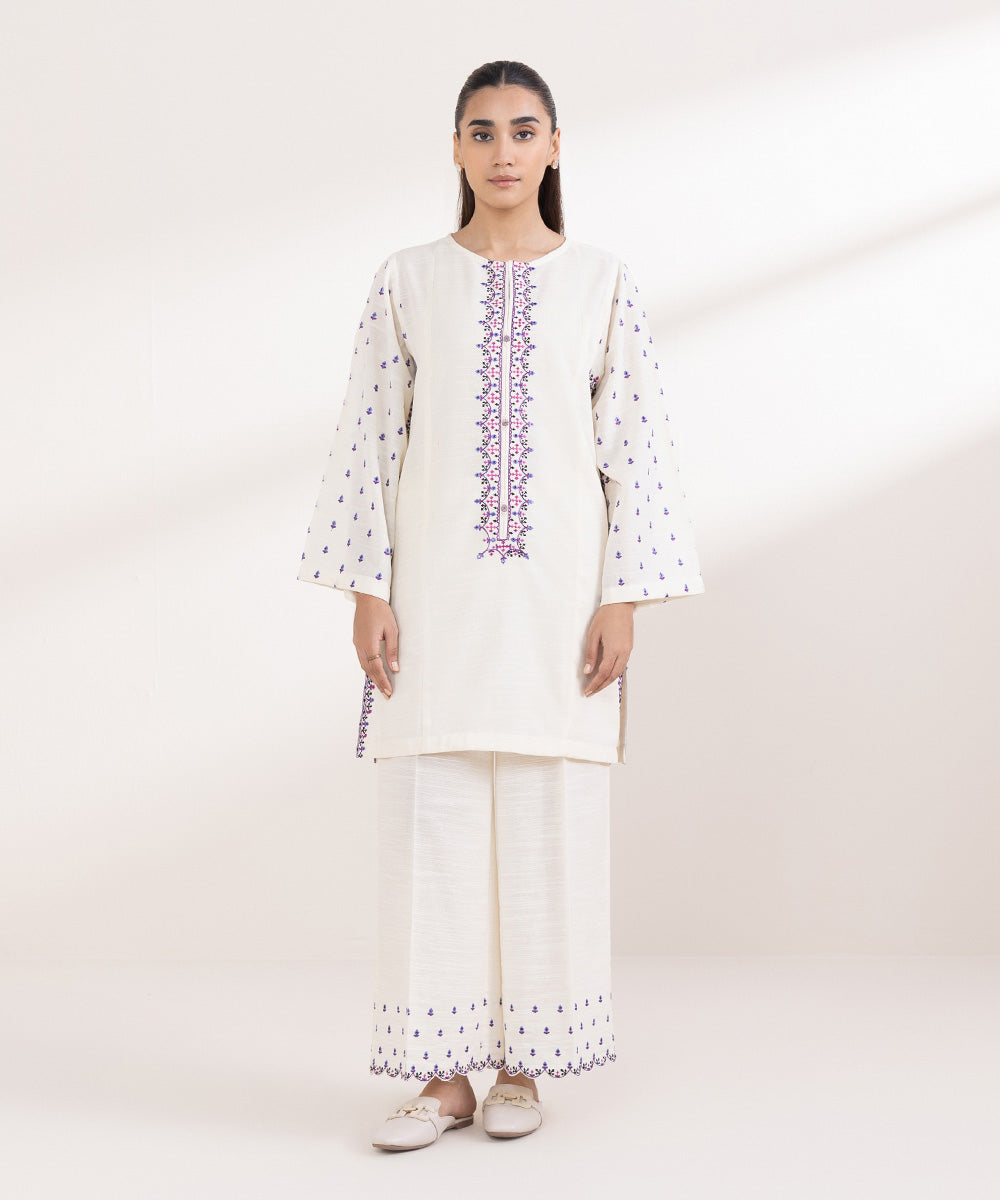 Women's Pret Light Khaddar Embroidered Off White Boxy Shirt