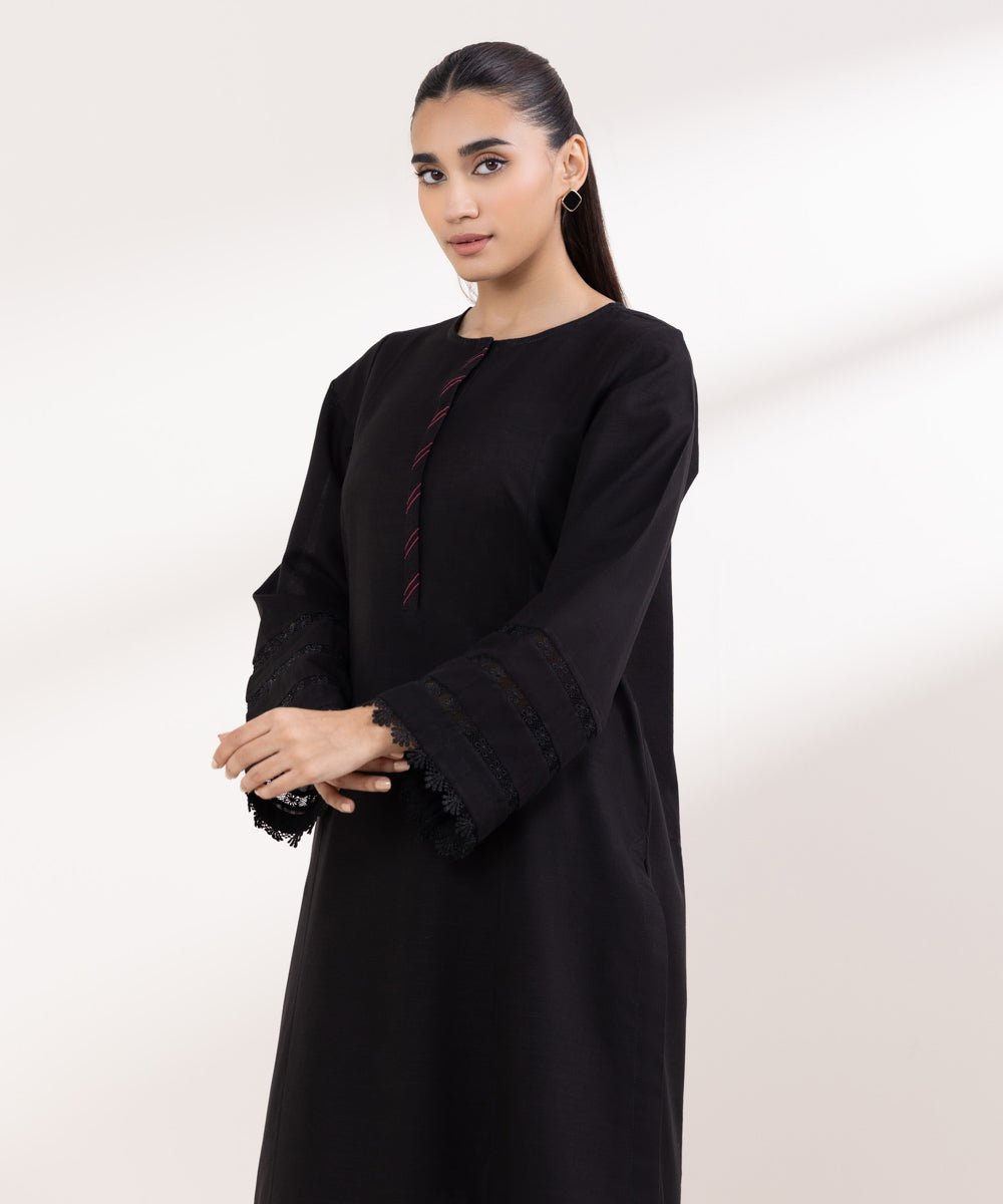 Women's Pret Light Khaddar Solid Black A-Line Shirt