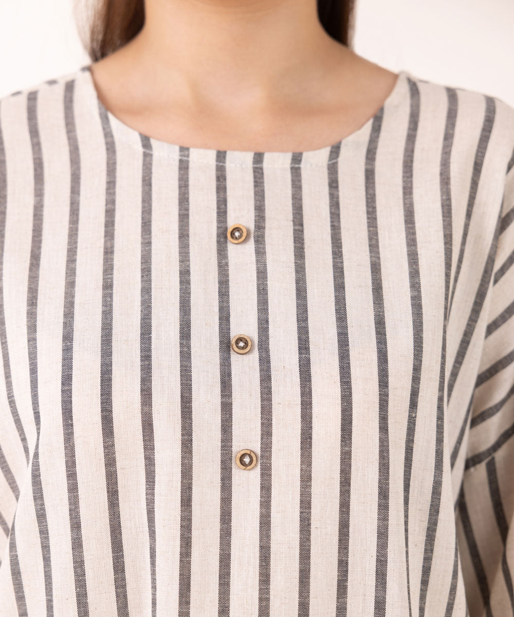 Women's Pret Yarn Dyed Solid Beige Boxy Shirt