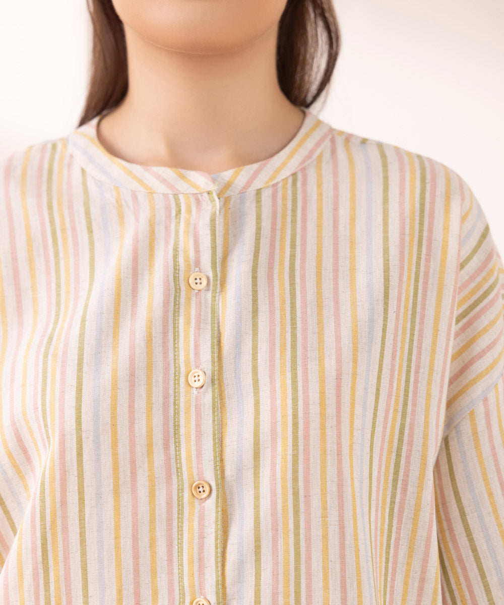 Women's Pret Yarn Dyed Solid Beige Boxy Shirt