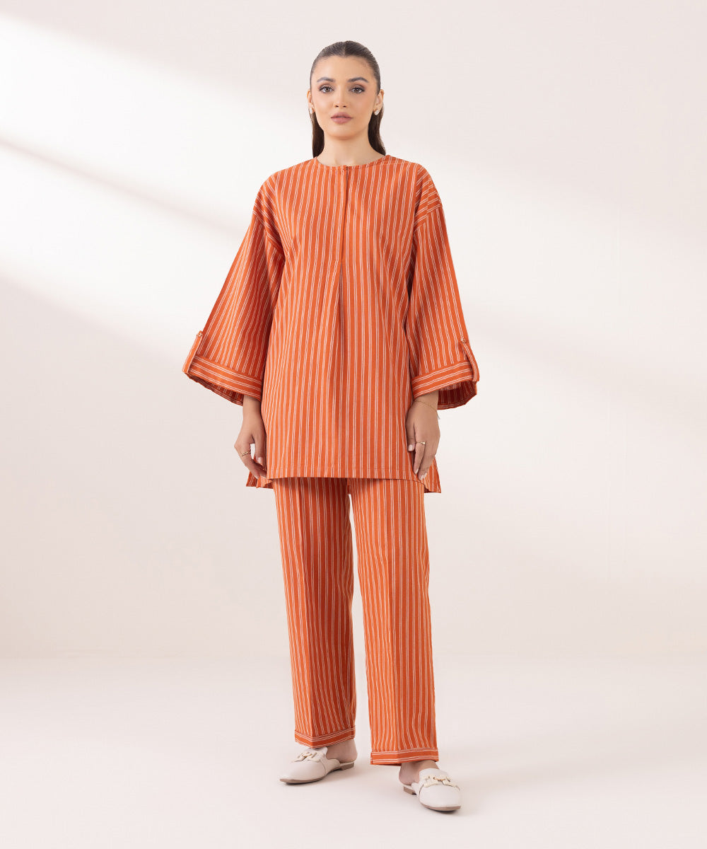 Women's Pret Yarn Dyed Solid Orange Boxy Shirt