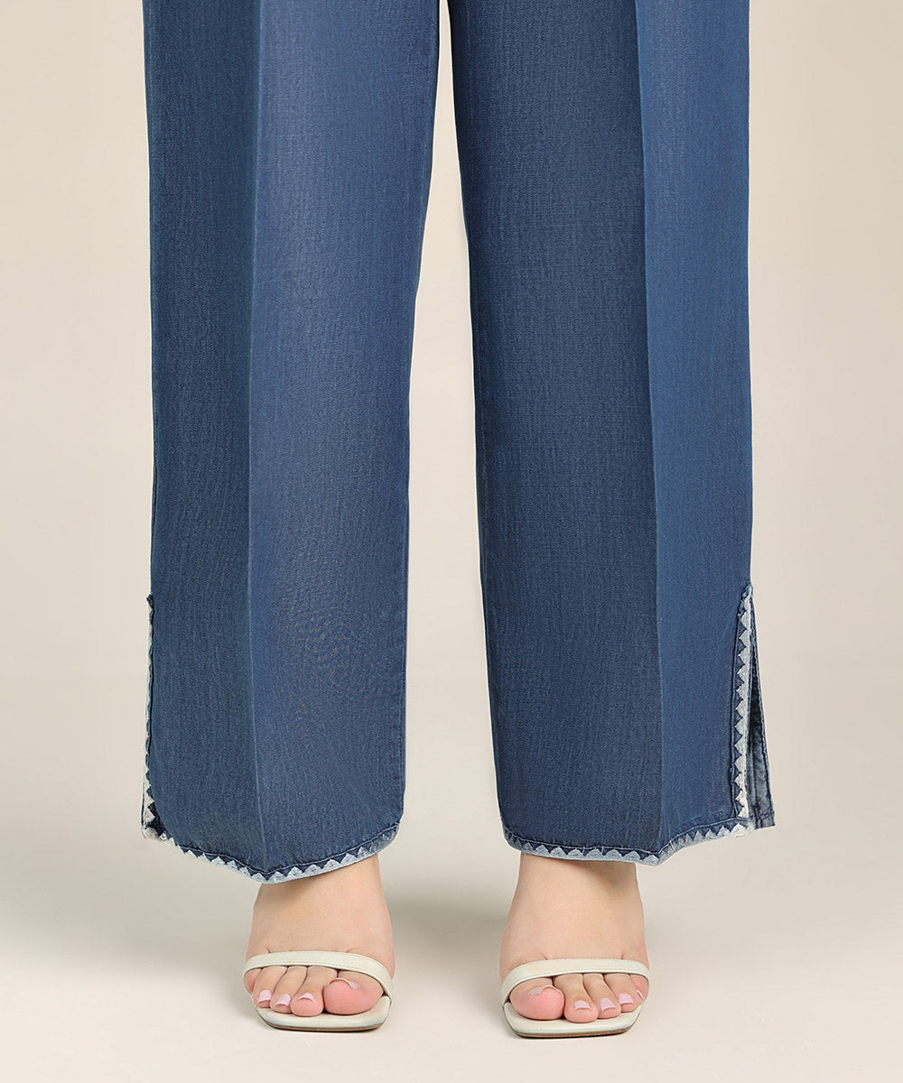 Women's Pret Denim Blue Embroidered Straight Pants