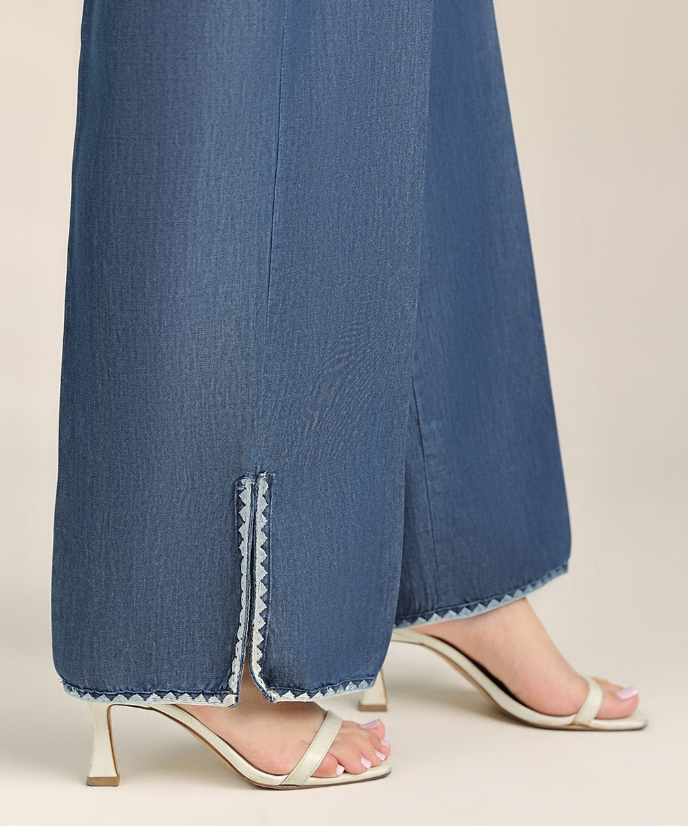 Women's Pret Denim Blue Embroidered Straight Pants