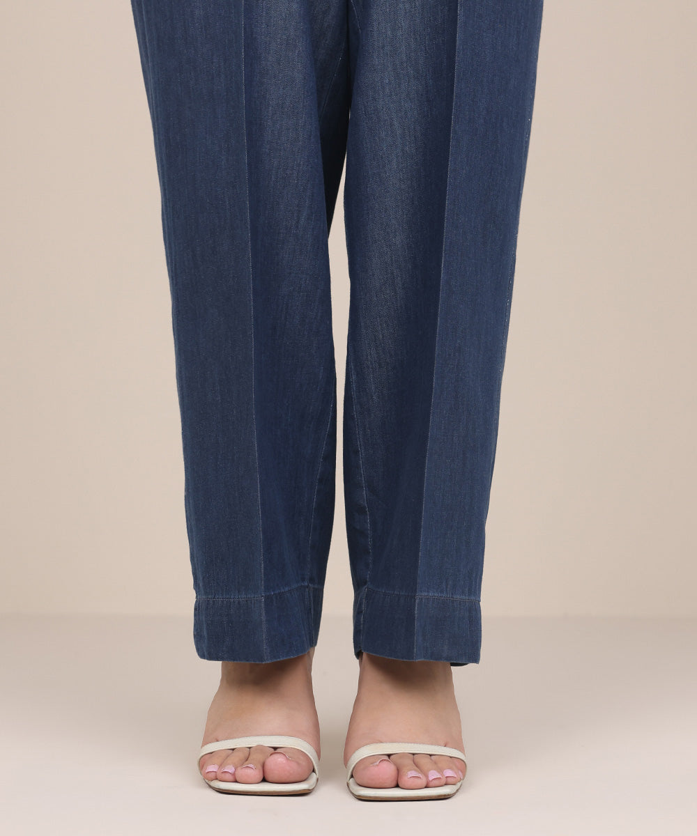 Women's Pret Denim Blue Solid Straight Pants