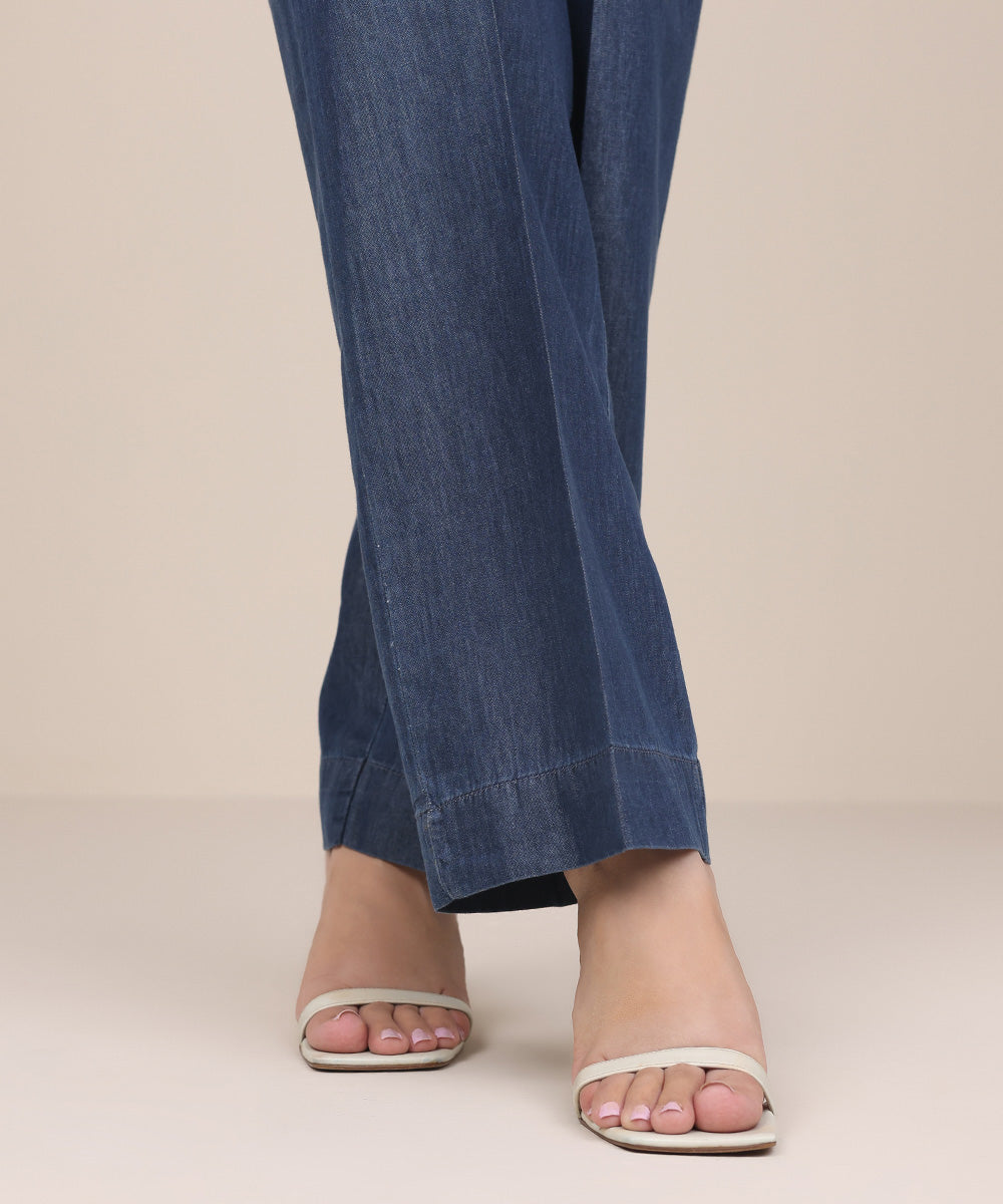 Women's Pret Denim Blue Solid Straight Pants