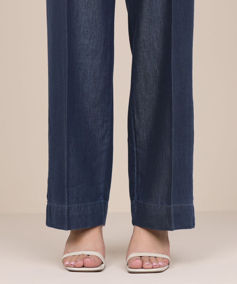 Women's Pret Denim Blue Solid Straight Pants