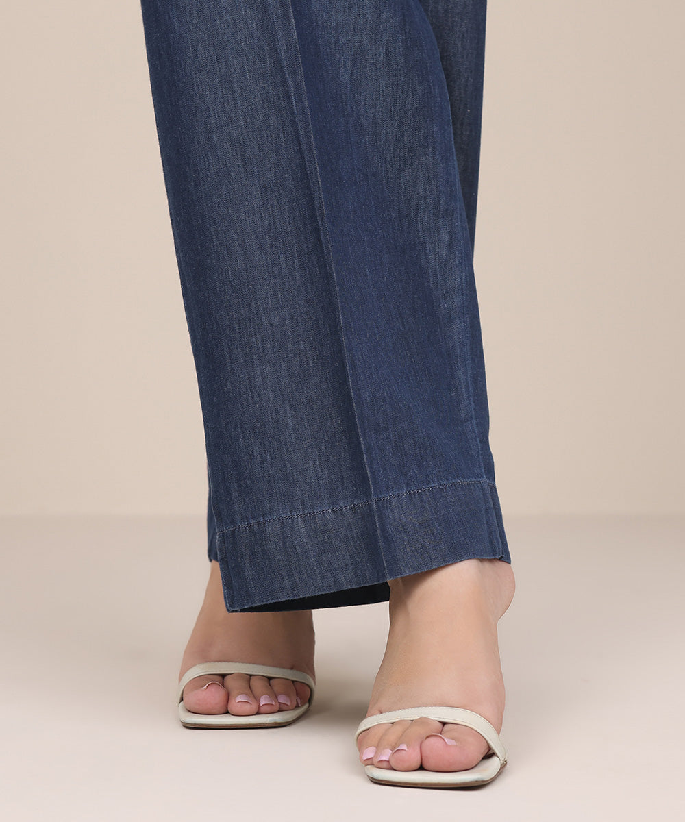 Women's Pret Denim Blue Solid Straight Pants