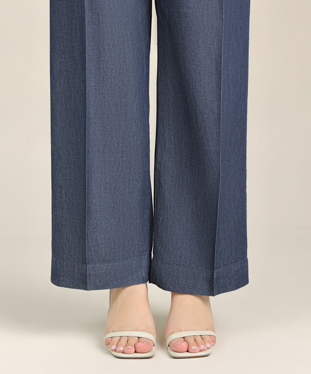 Women's Pret Denim Blue Solid Straight Pants