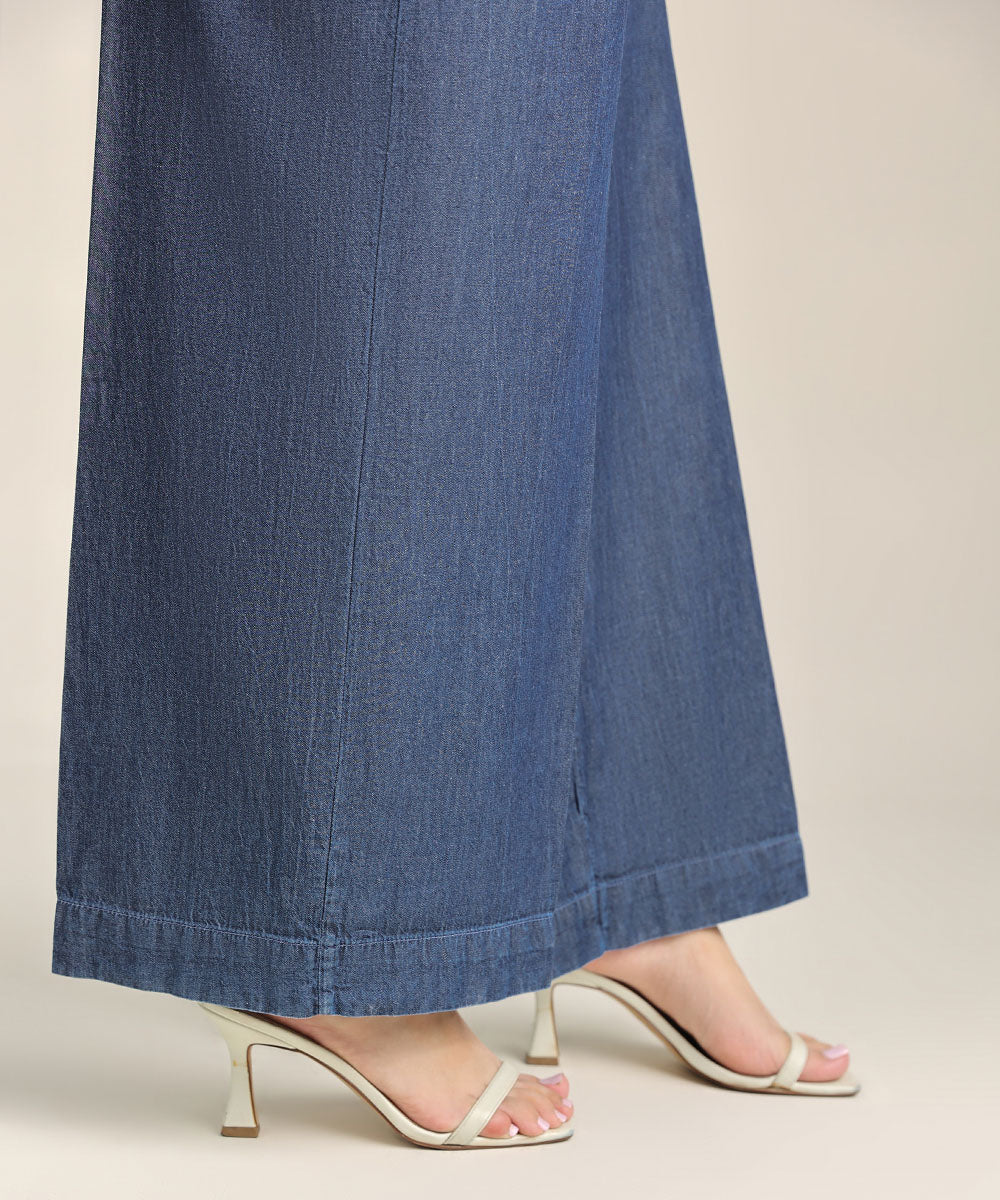 Women's Pret Denim Blue Solid Culottes