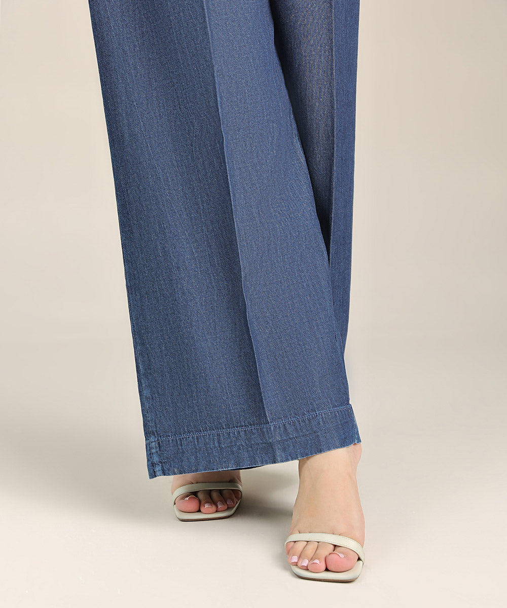 Women's Pret Denim Blue Solid Culottes