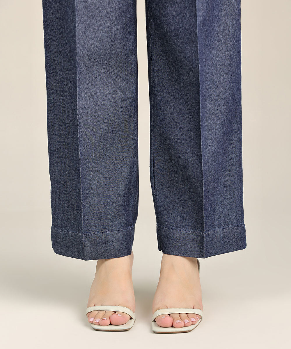 Women's Pret Denim Blue Solid Straight Pants