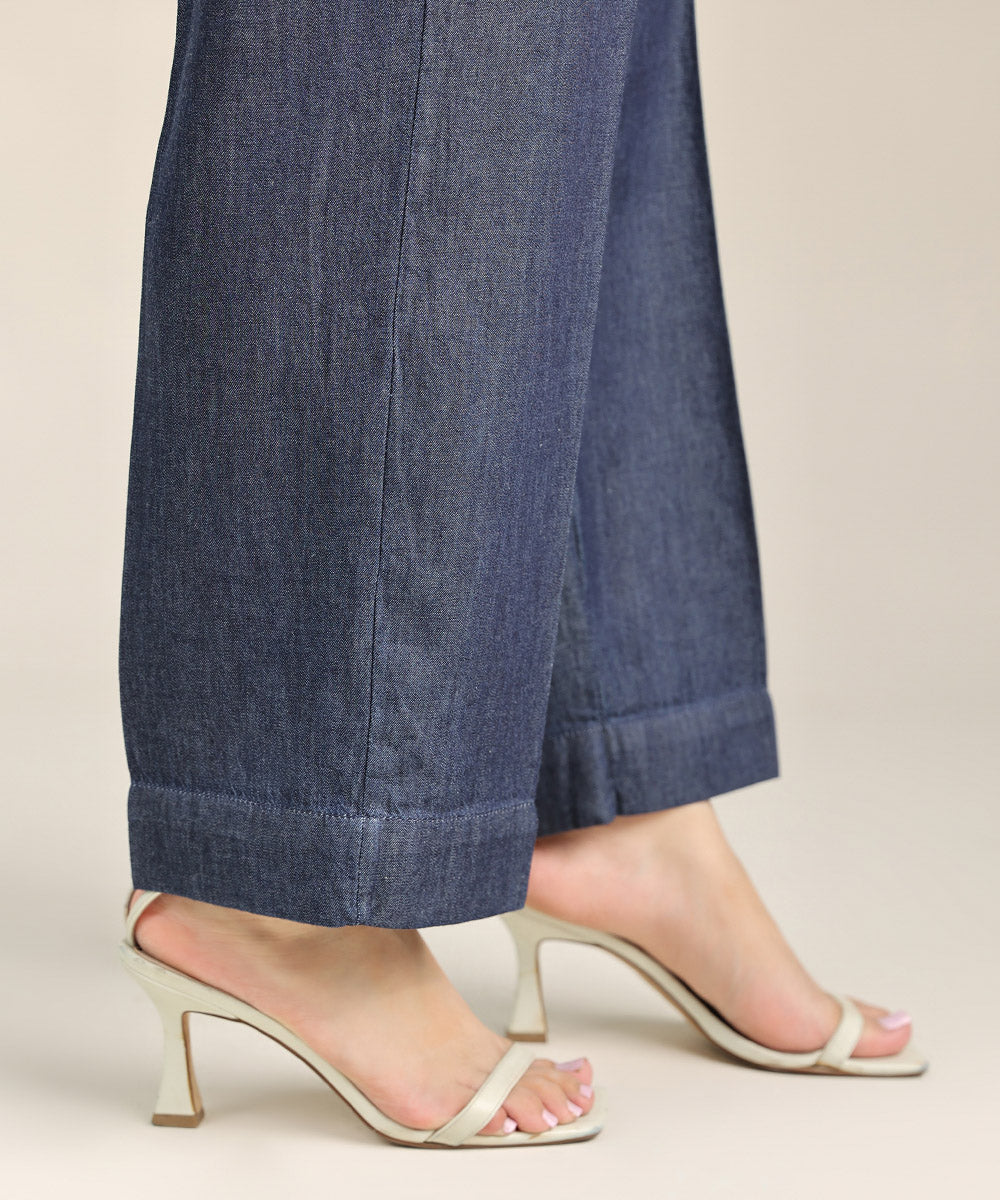 Women's Pret Denim Blue Solid Straight Pants