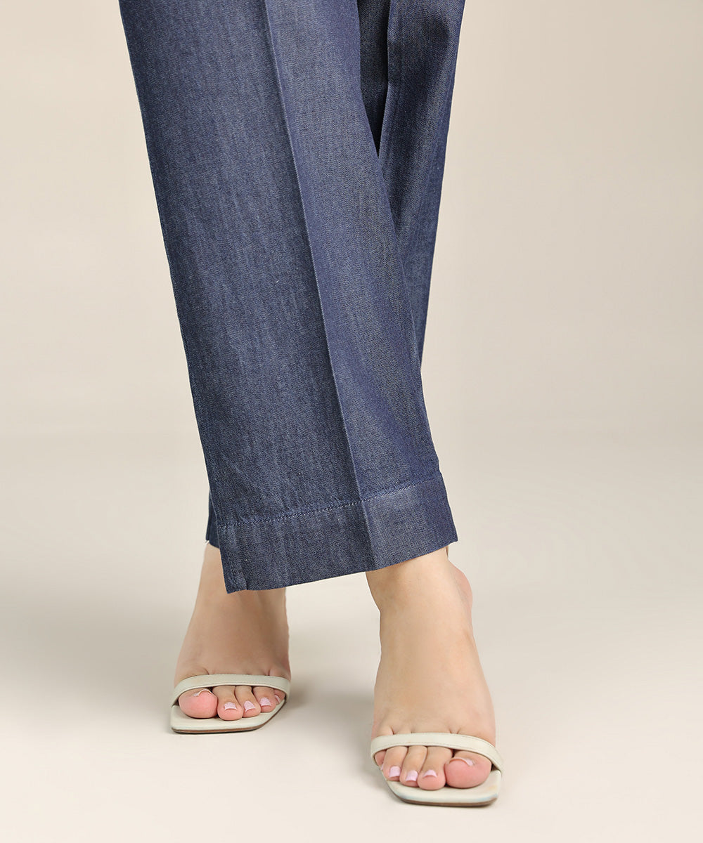 Women's Pret Denim Blue Solid Straight Pants