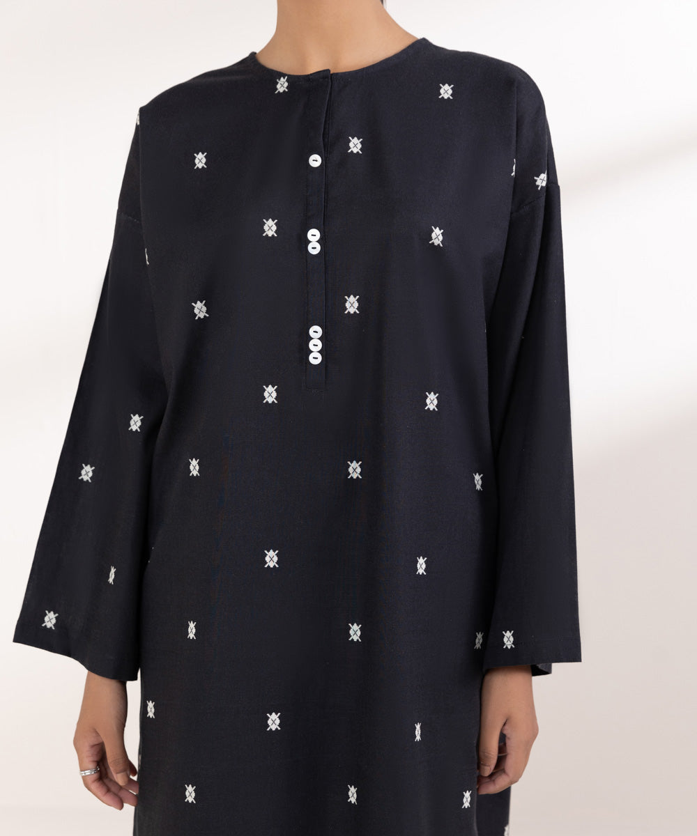 Women's Pret Khaddar Printed Black Boxy Shirt