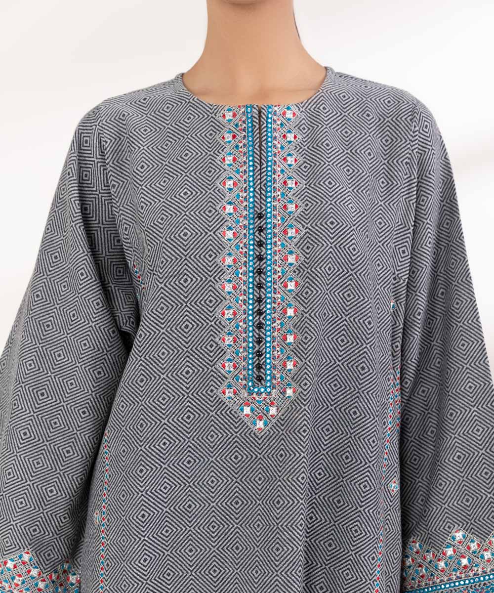 Women's Pret Extra Weft Jacquard Embroidered Grey A-Line Shirt