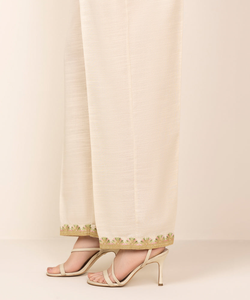 Women's Pret Light Beige Embroidered Khaddar Straight Pants