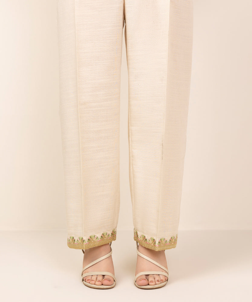 Women's Pret Light Beige Embroidered Khaddar Straight Pants