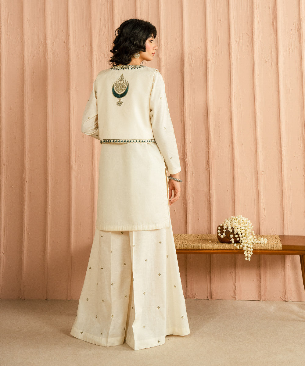 Women's Pret Cotton Off White Solid Embroidered Sharara