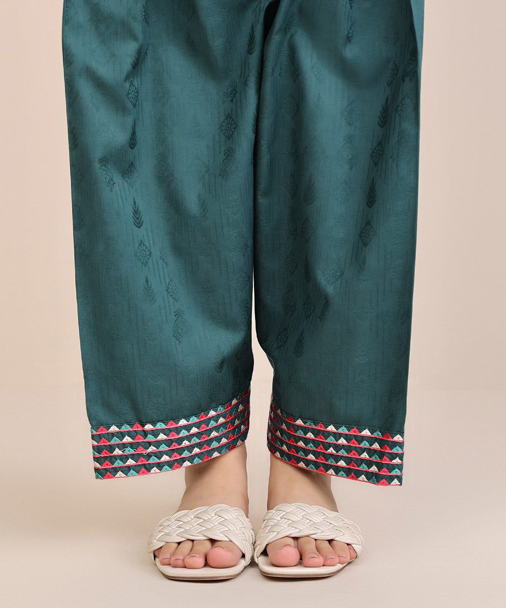 Women's Pret Cotton Green Solid Embroidered Shalwar