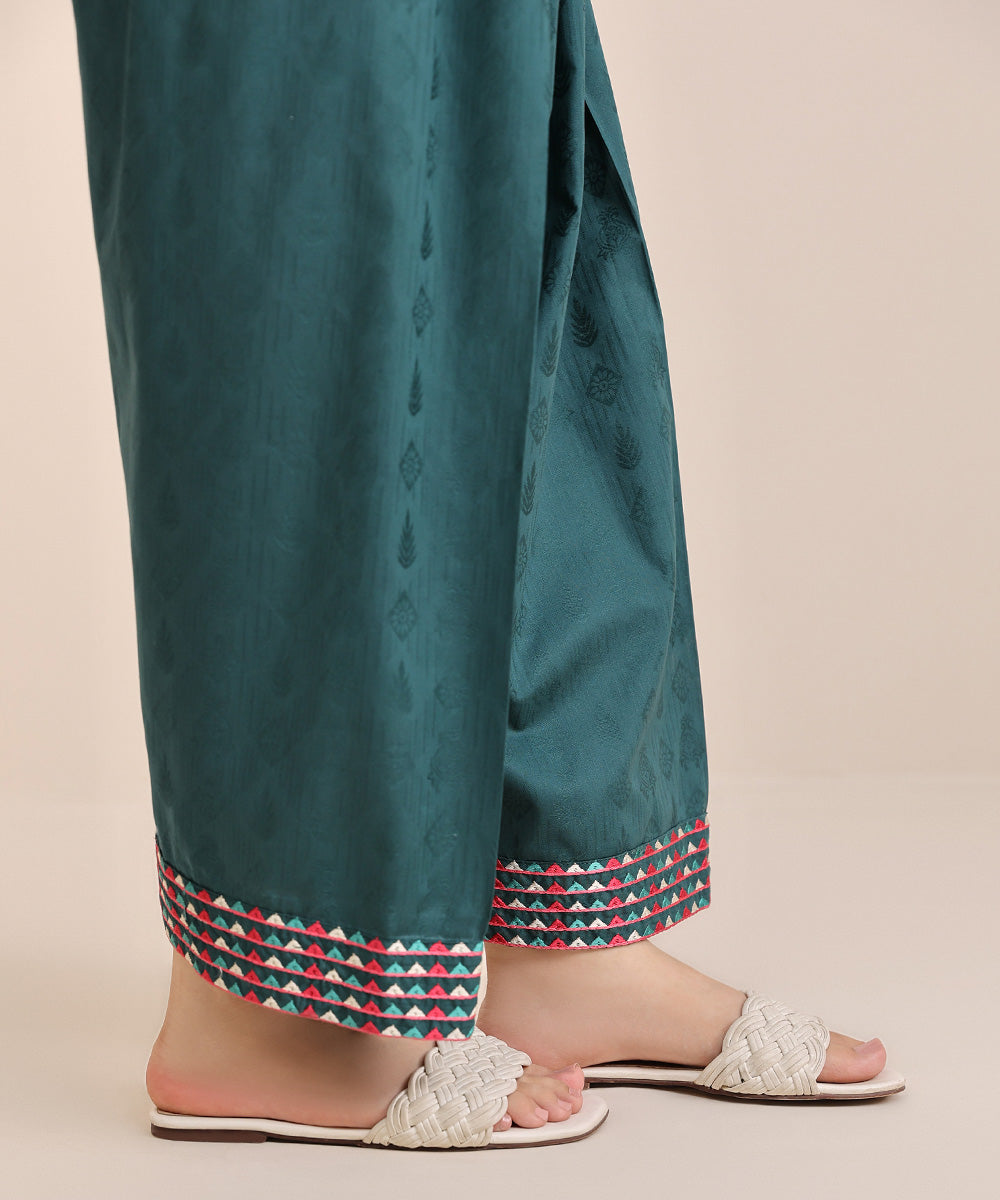 Women's Pret Cotton Green Solid Embroidered Shalwar