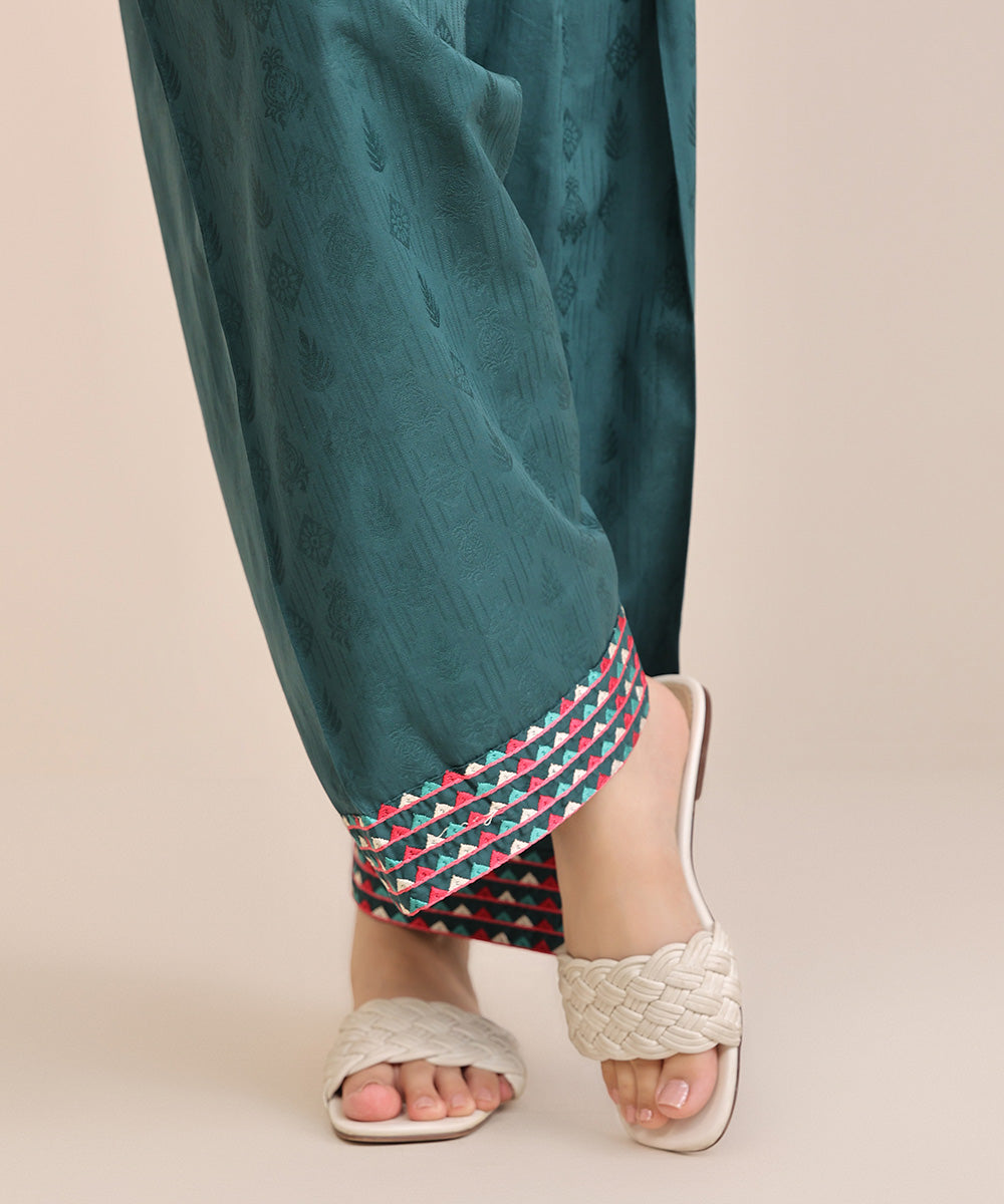 Women's Pret Cotton Green Solid Embroidered Shalwar