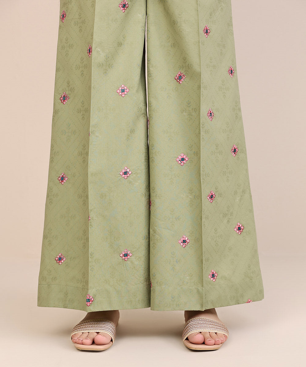 Women's Pret Cotton Green Solid Embroidered Flared Pants