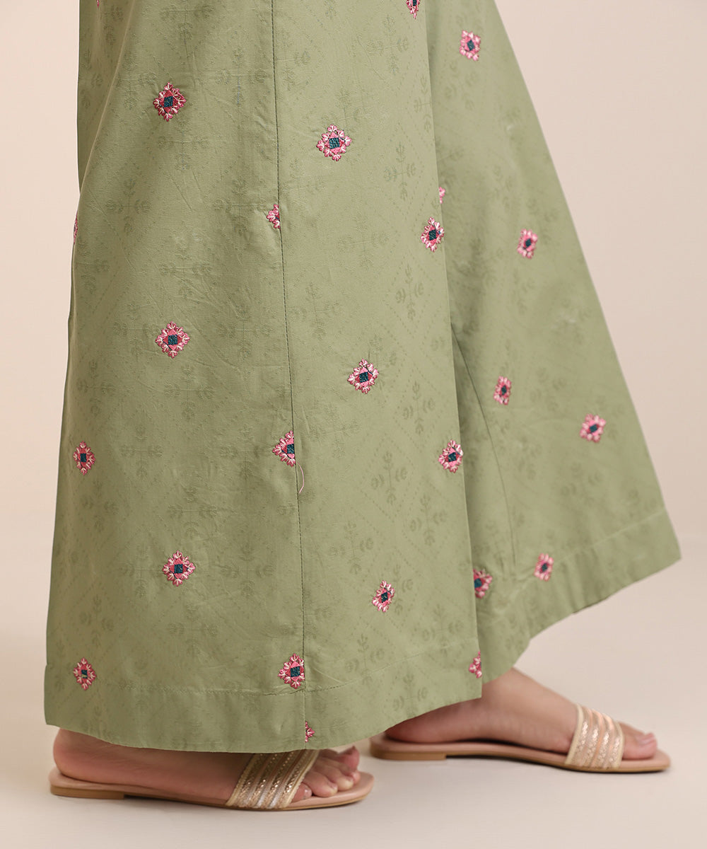 Women's Pret Cotton Green Solid Embroidered Flared Pants