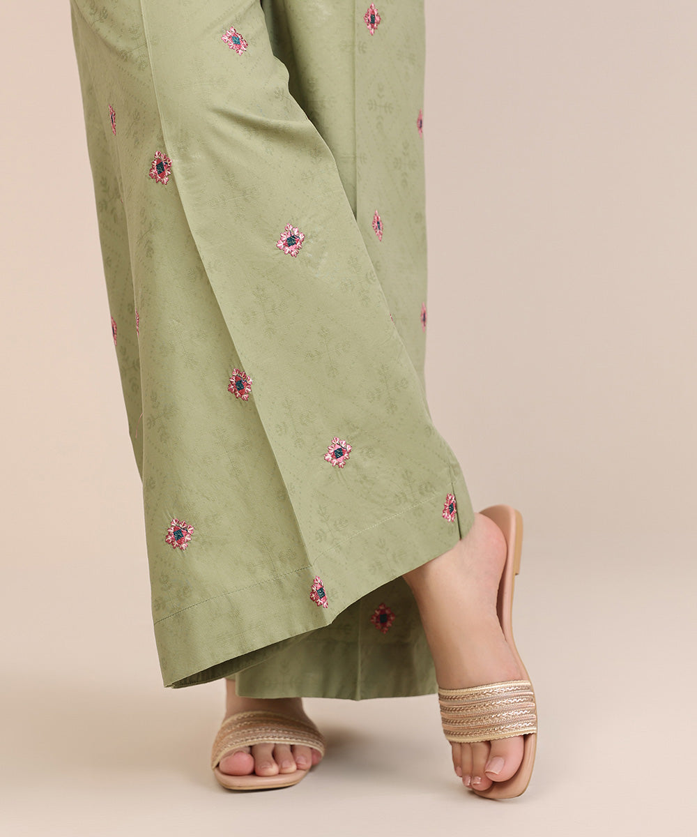 Women's Pret Cotton Green Solid Embroidered Flared Pants