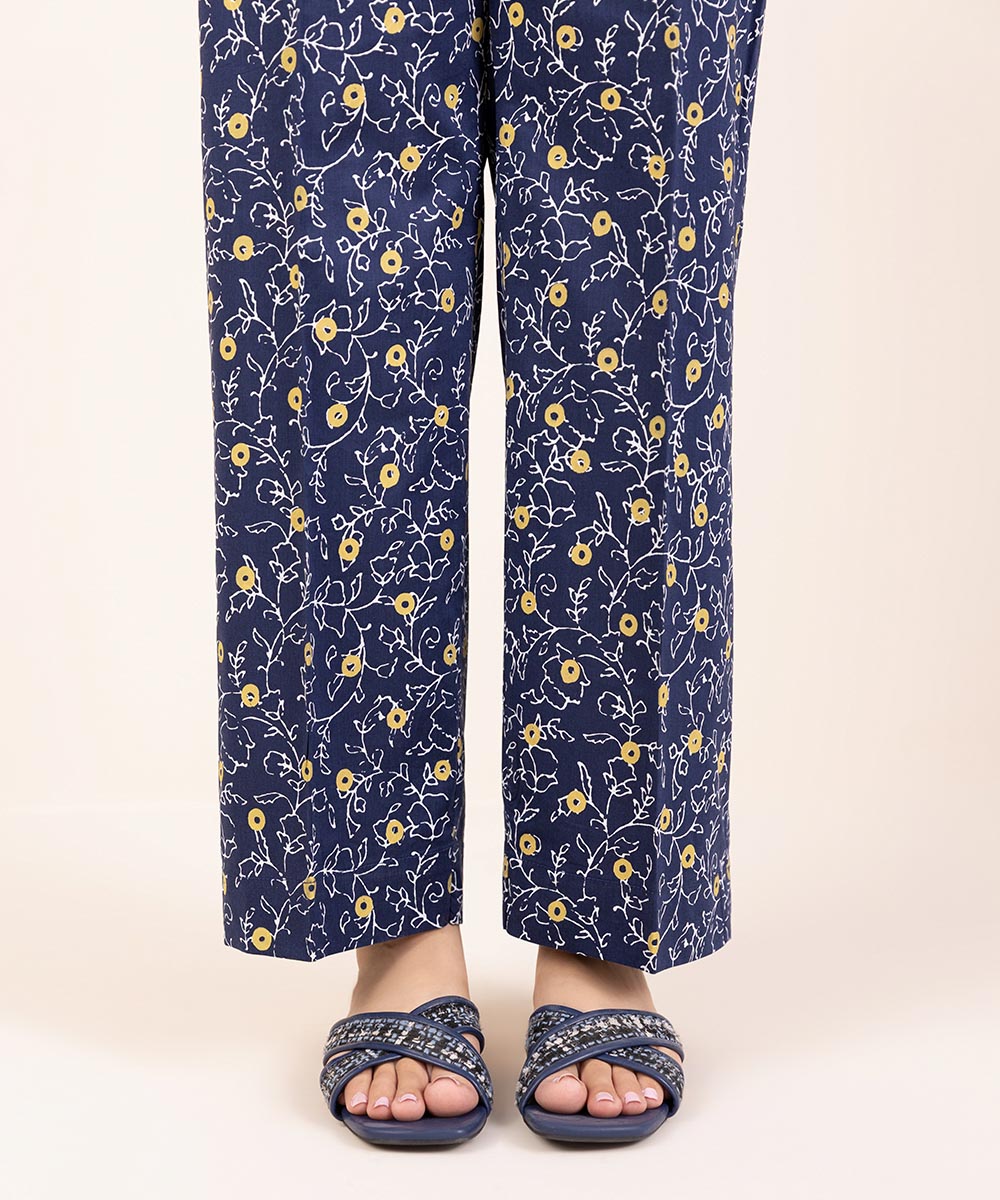 Women's Pret Cotton Viscose Blue Printed Straight Pants