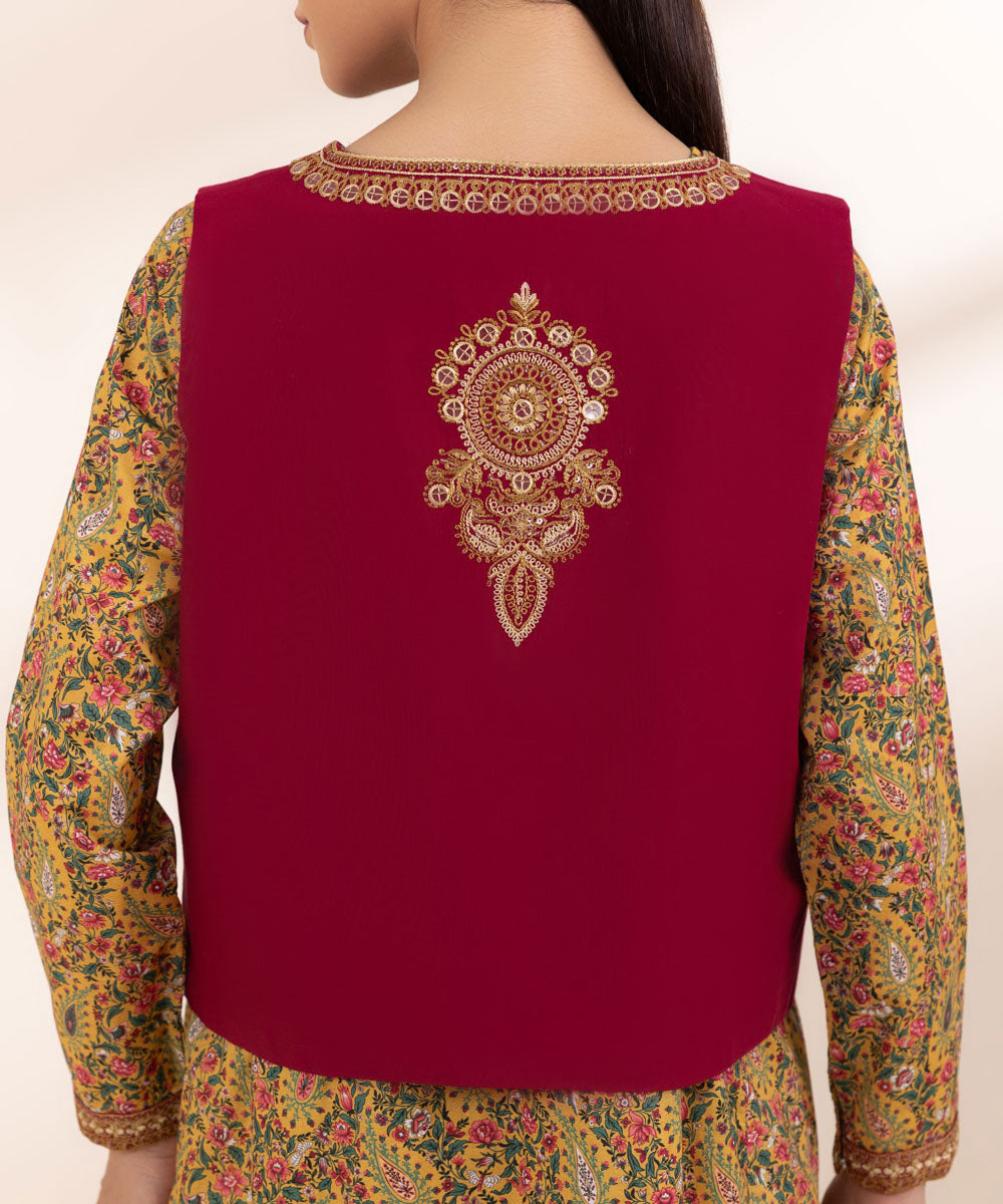 Women's Pret Cambric Embroidered Red Front Open Jacket