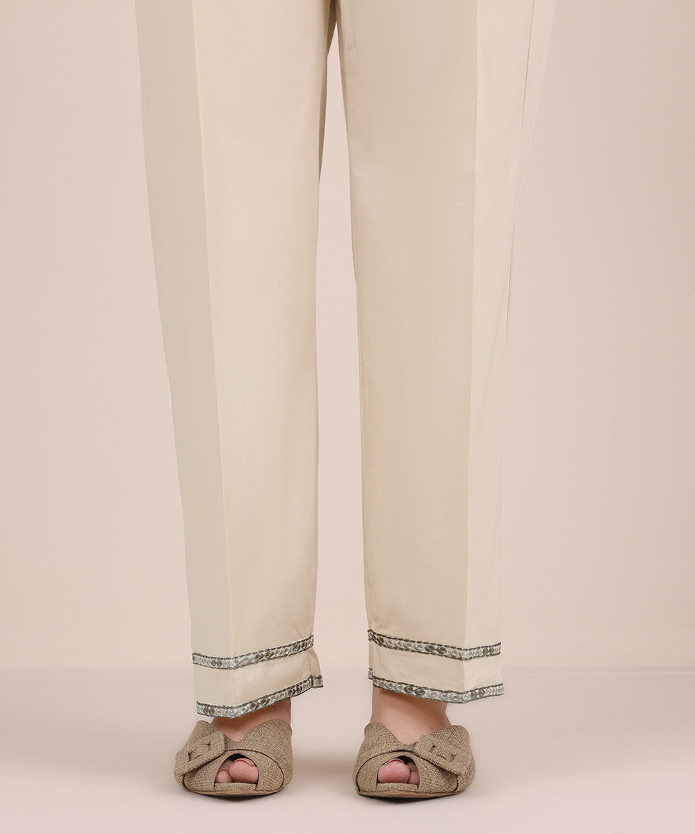 Women's Pret Cambric Beige Embroidered Straight Pants