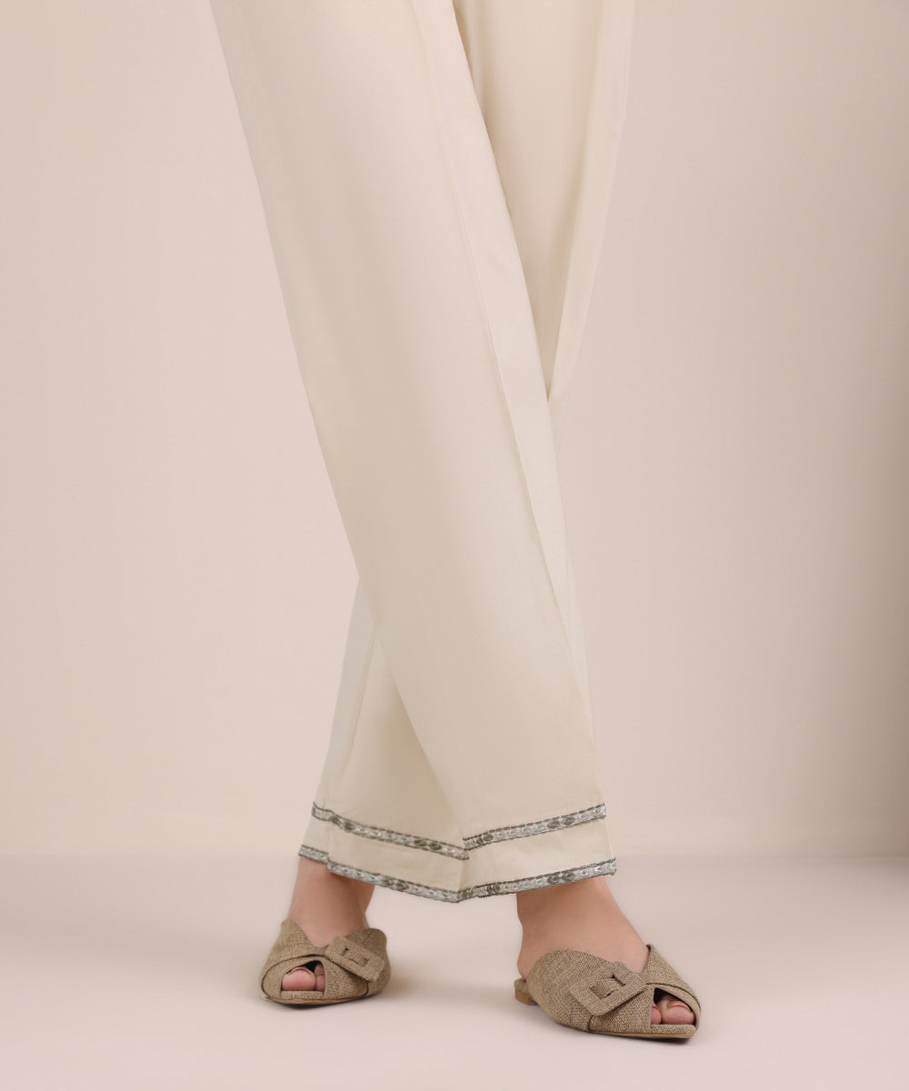 Women's Pret Cambric Beige Embroidered Straight Pants