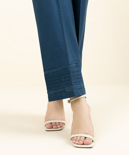 Women's Pret Dobby Solid Blue Straight Pants