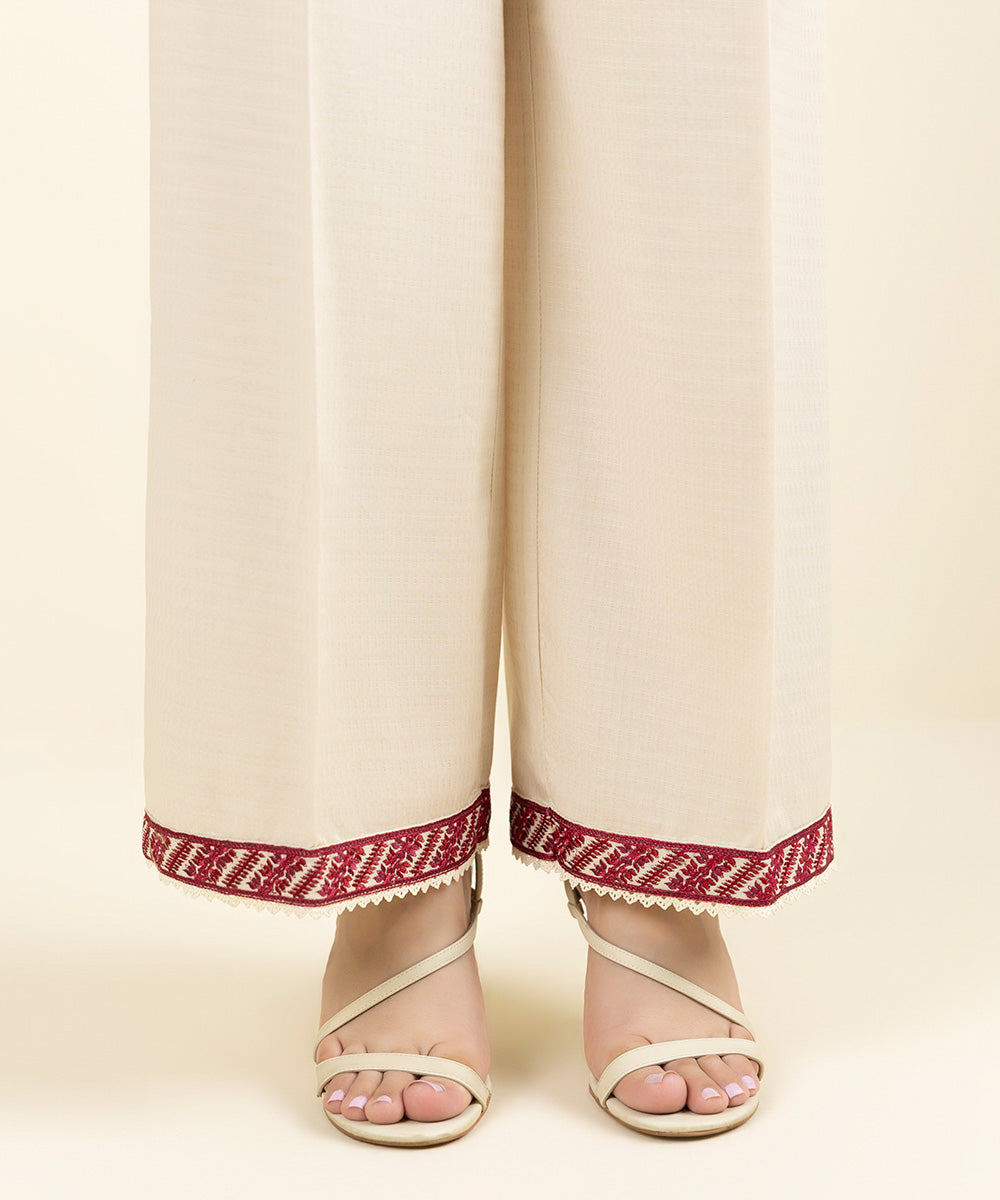 Women's Pret Dobby Embroidered Off White Wide Legged Pants