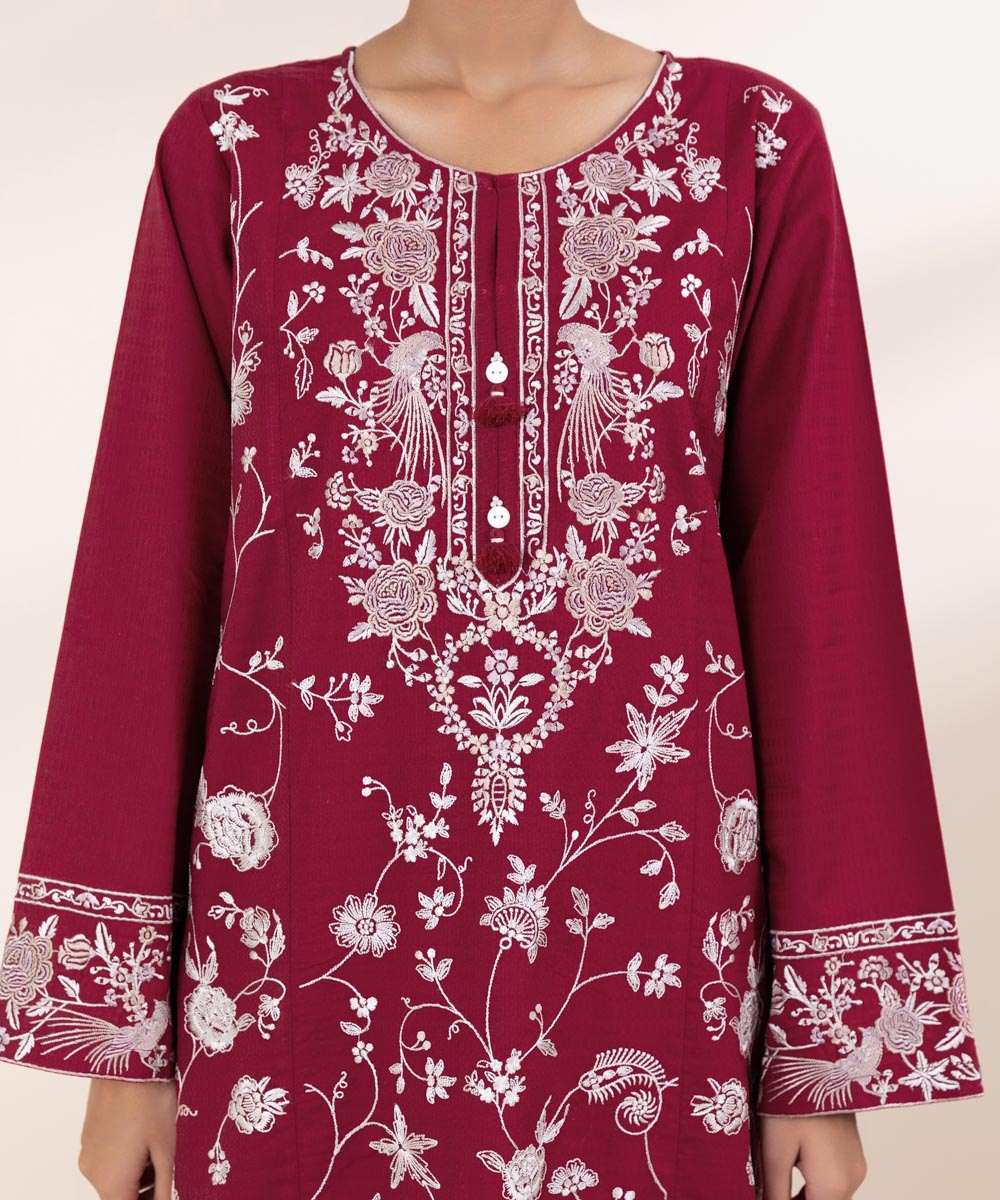 Women's Pret Dobby Red Embroidered A-Line Shirt