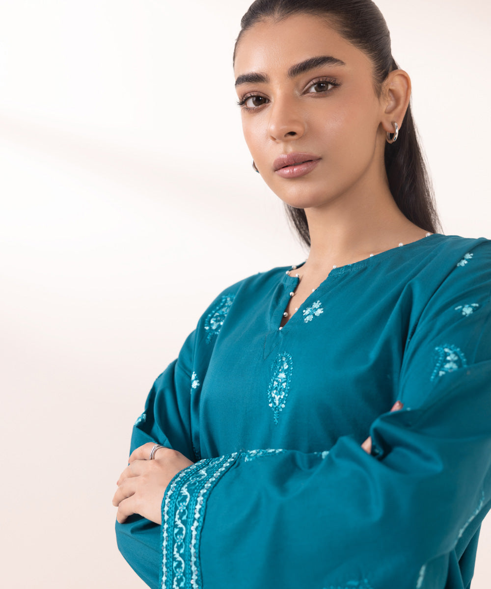 Women's Pret Cambric Blue Embroidered Boxy Shirt