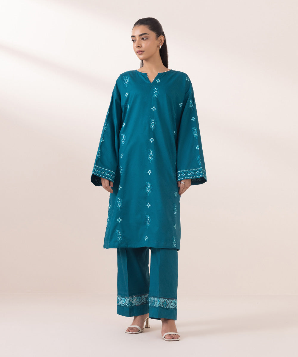 Women's Pret Cambric Blue Embroidered Boxy Shirt