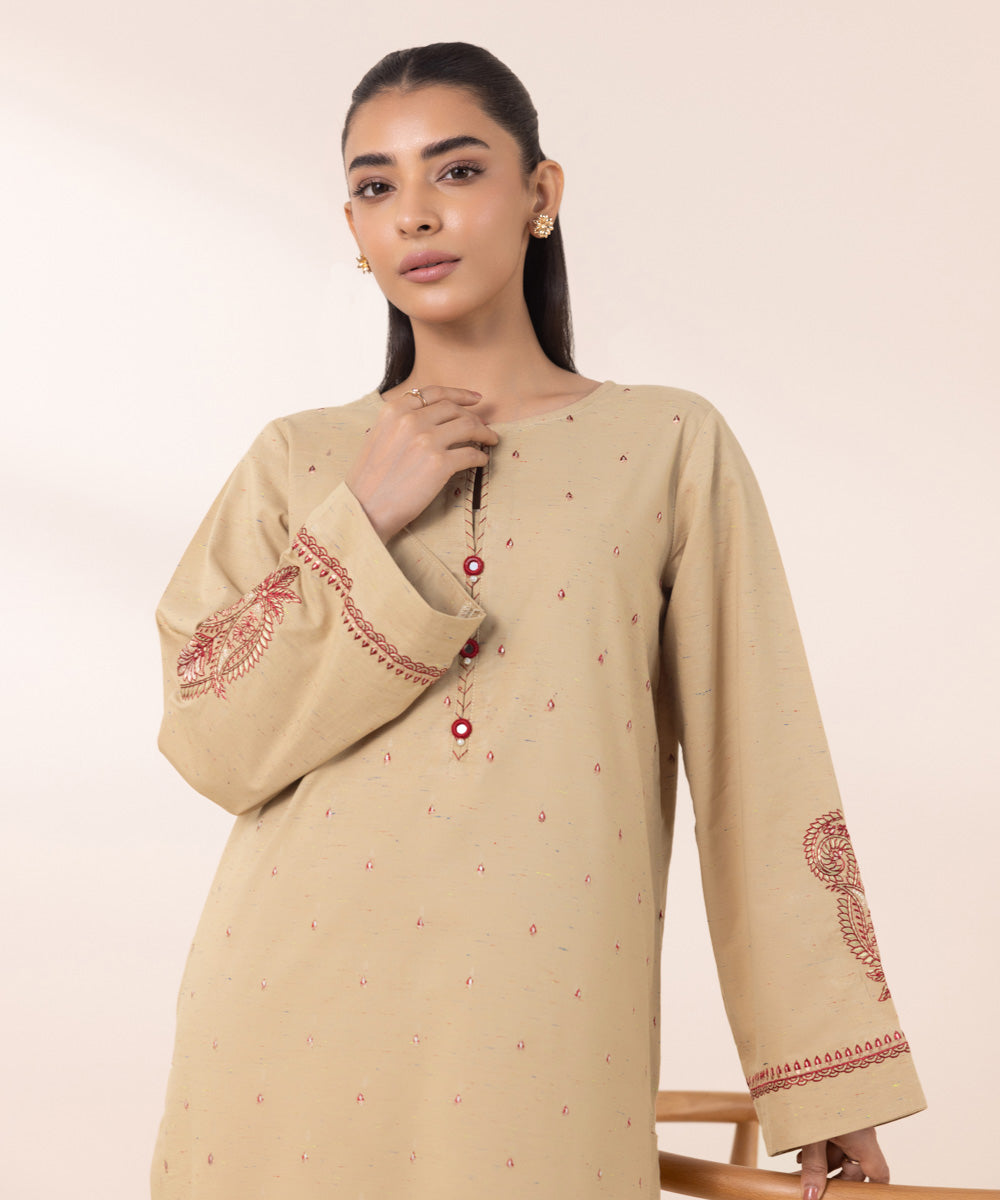 Women's Pret Multineps Beige Embroidered A-Line Shirt