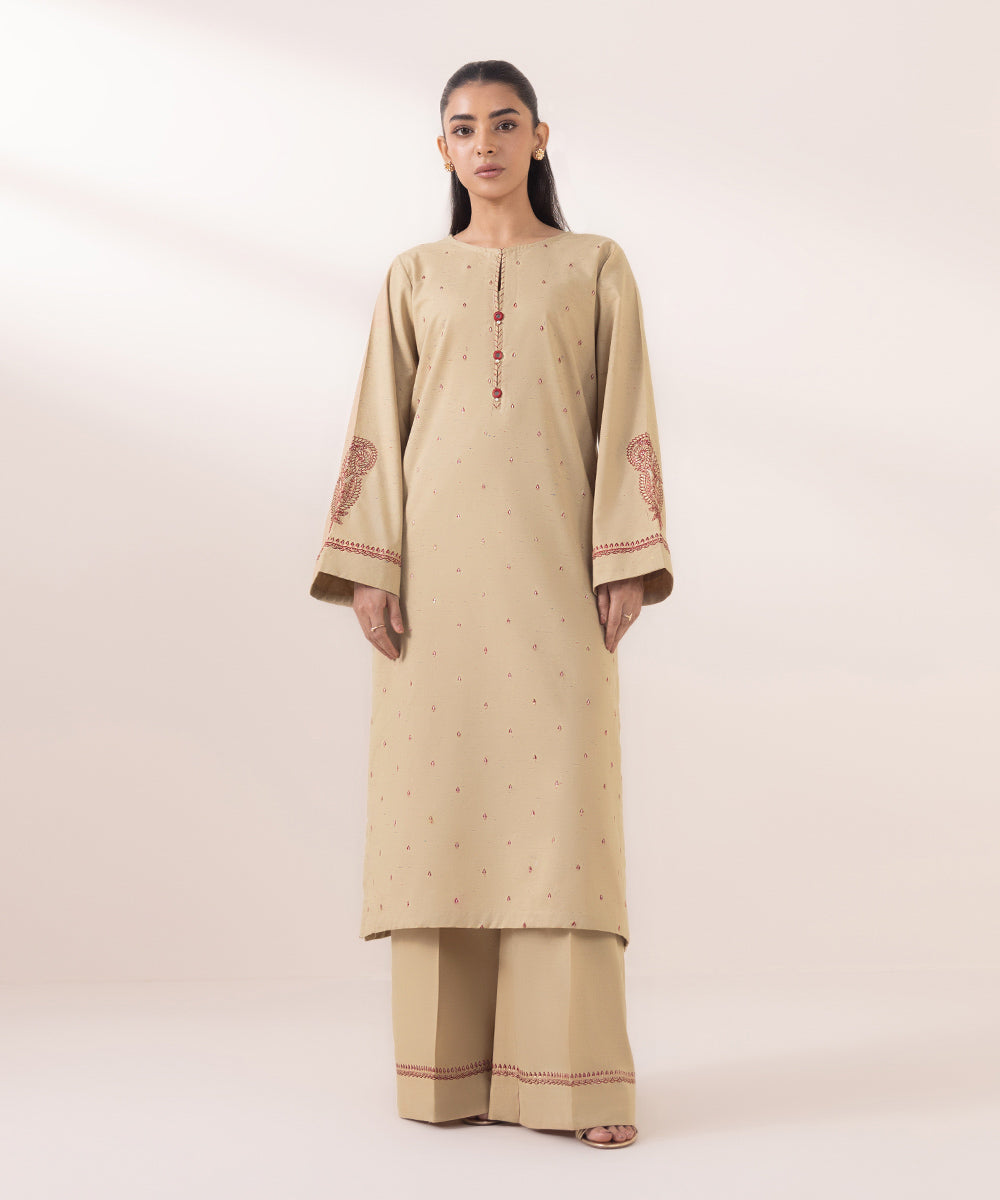 Women's Pret Multineps Beige Embroidered A-Line Shirt