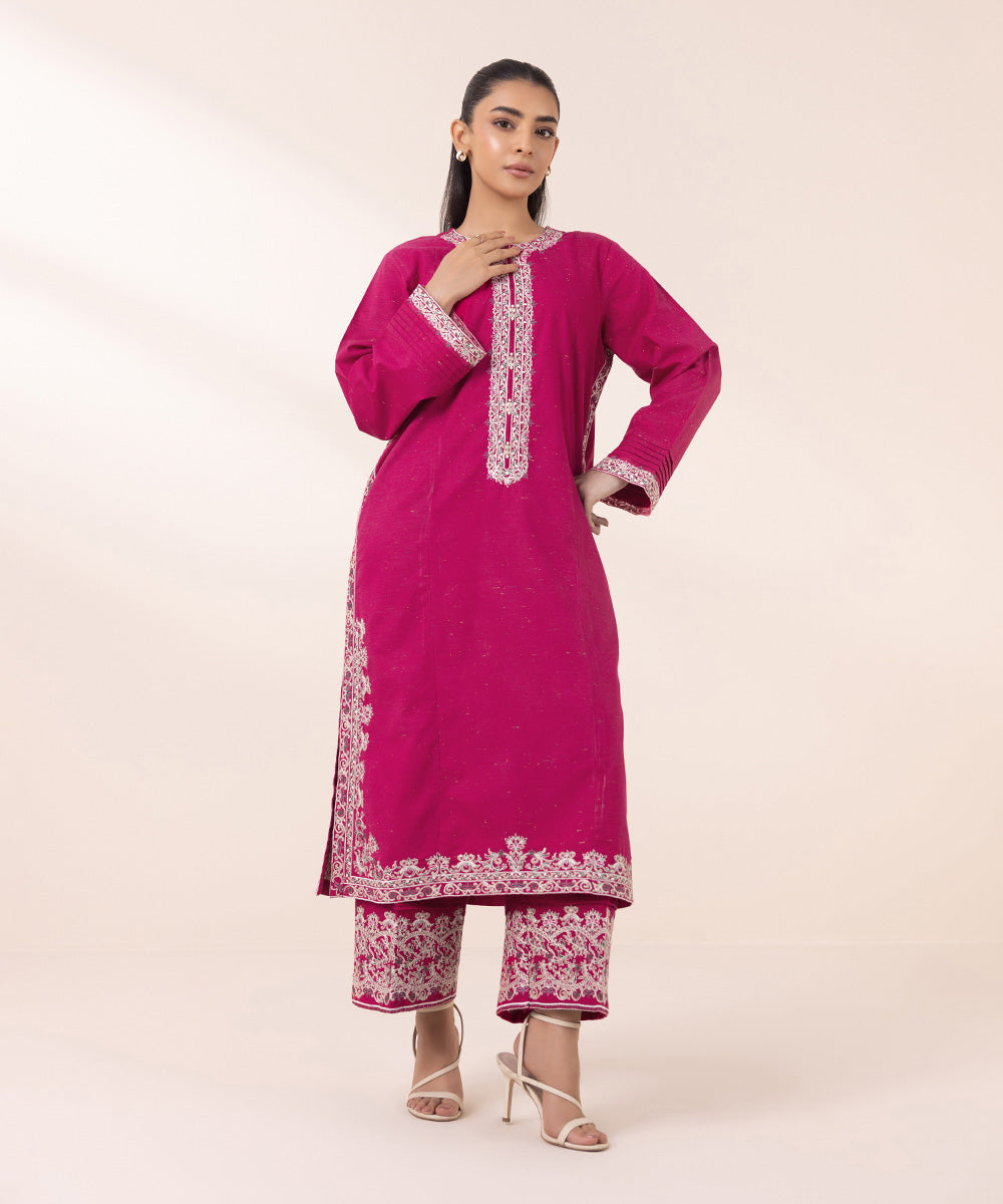 Women's Pret Multineps Pink Embroidered A-Line Shirt