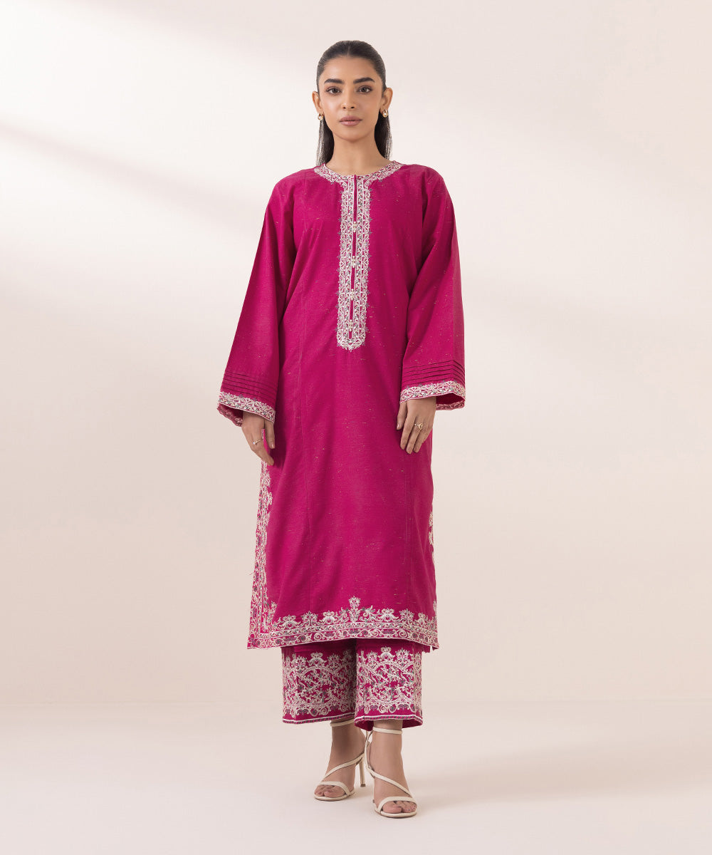 Women's Pret Multineps Pink Embroidered A-Line Shirt