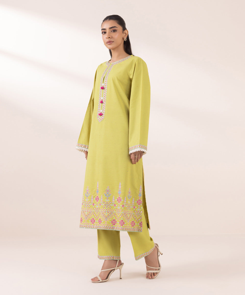 Women's Pret Multineps Yellow Embroidered A-Line Shirt