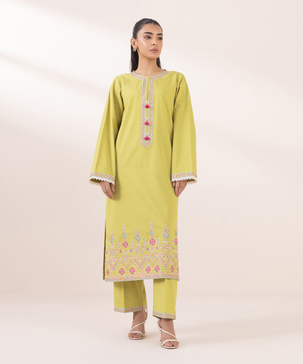 Women's Pret Multineps Yellow Embroidered A-Line Shirt