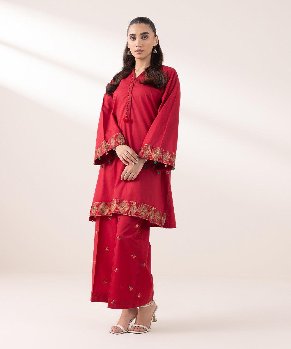 Women's Pret Cambric Embroidered Red Boxy Shirt