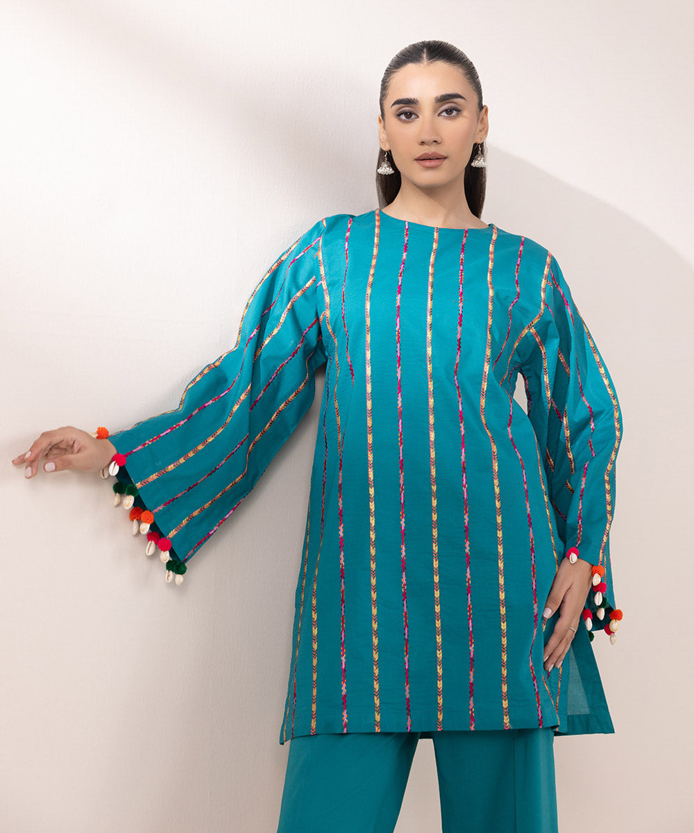 Women's Pret Cambric Embroidered Teal Boxy Shirt