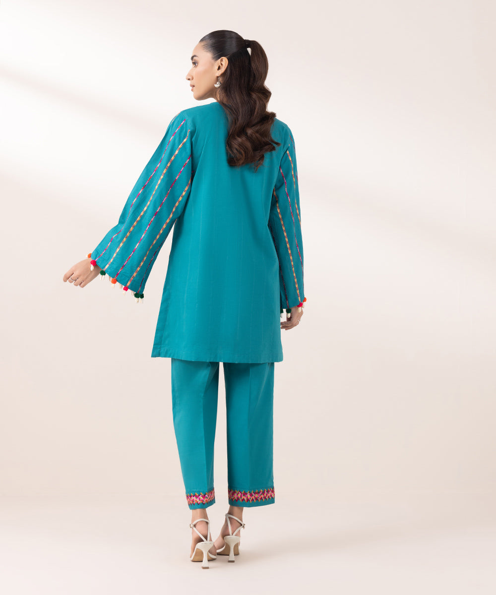 Women's Pret Cambric Embroidered Teal Boxy Shirt