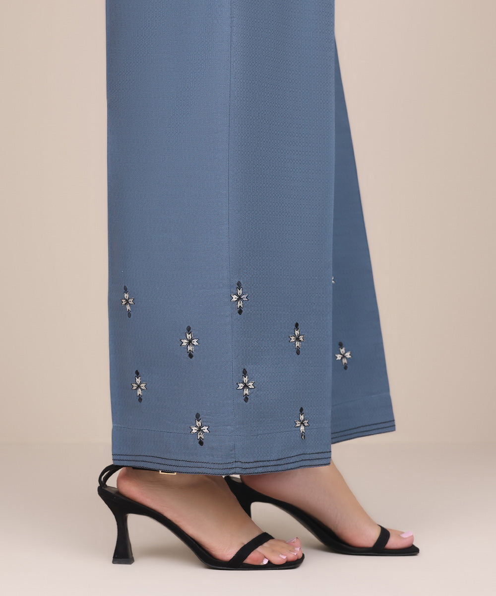 Women's Pret Dobby Blue Embroidered Culottes