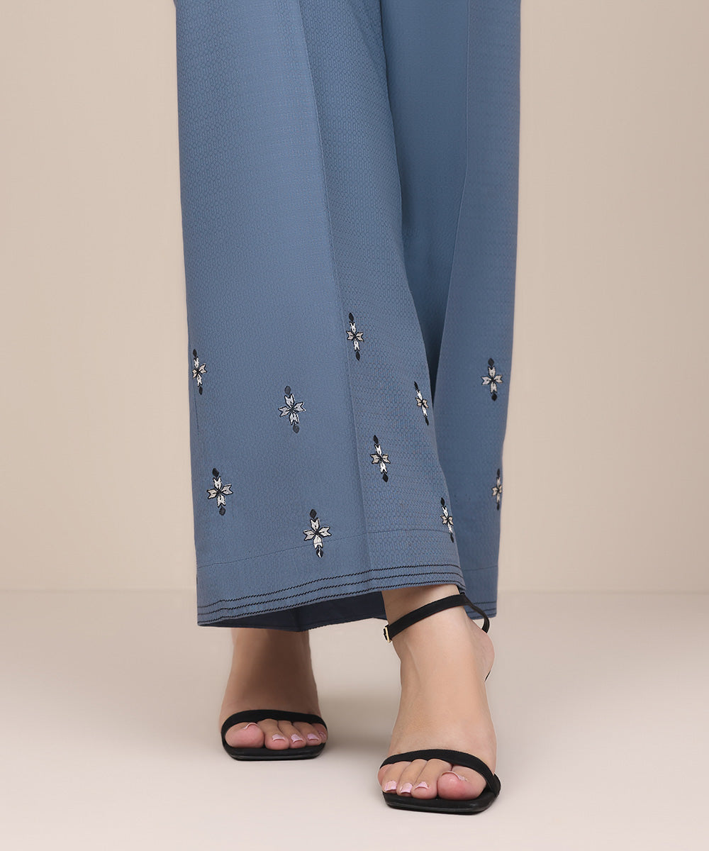 Women's Pret Dobby Blue Embroidered Culottes